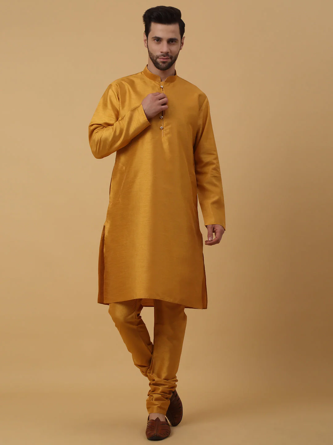 KRAFT INDIA Men's Silk Blend Mustard Kurta, Churidar with Cotton Silk Embroided Sequenced Nehru Jacket Set - Image 4