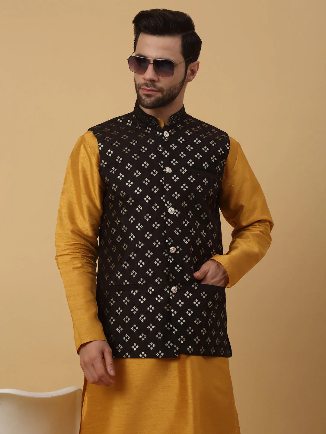 KRAFT INDIA Men's Silk Blend Mustard Kurta, Churidar with Cotton Silk Embroided Sequenced Nehru Jacket Set - Image 5