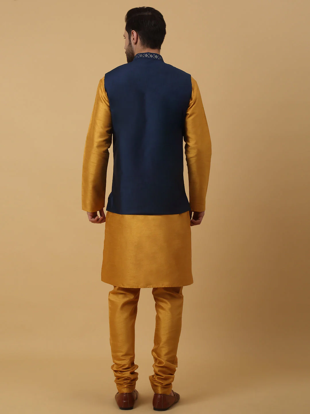 KRAFT INDIA Men's Silk Blend Mustard Kurta, Churidar with Cotton Silk Embroided Sequenced Nehru Jacket Set - Image 7