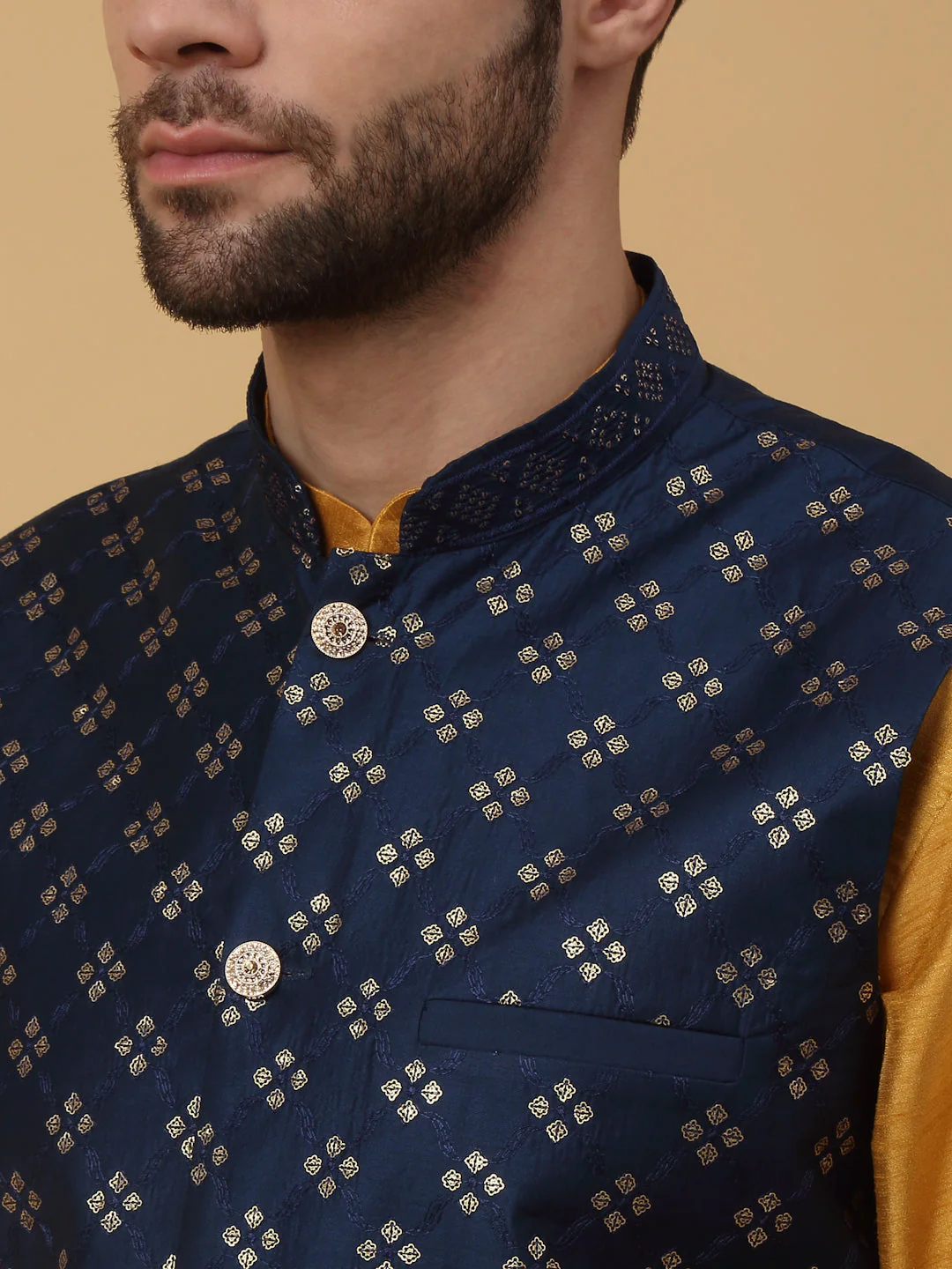 KRAFT INDIA Men's Silk Blend Mustard Kurta, Churidar with Cotton Silk Embroided Sequenced Nehru Jacket Set - Image 8