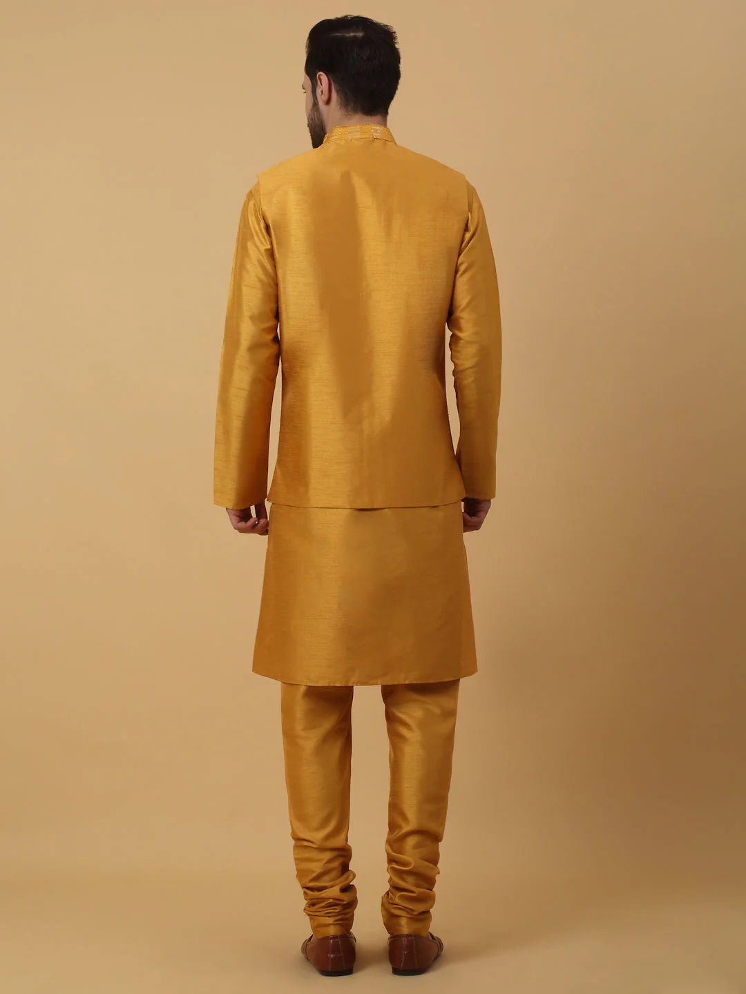 KRAFT INDIA Men's Silk Blend Mustard Kurta, Churidar with Cotton Silk Sequenced Embroided Nehru Jacket Set - Image 11