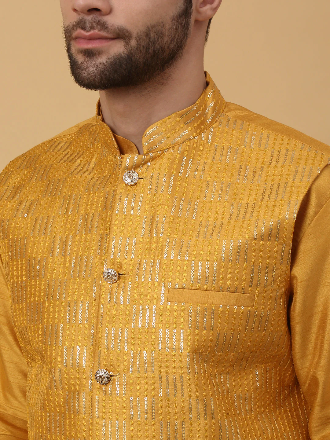 KRAFT INDIA Men's Silk Blend Mustard Kurta, Churidar with Cotton Silk Sequenced Embroided Nehru Jacket Set - Image 12