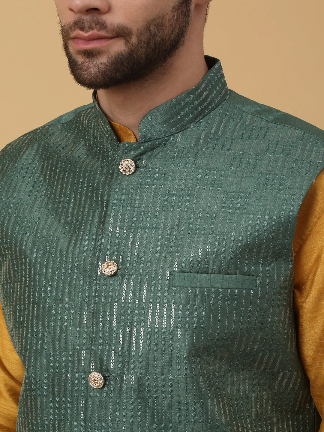 KRAFT INDIA Men's Silk Blend Mustard Kurta, Churidar with Cotton Silk Sequenced Embroided Nehru Jacket Set - Image 3