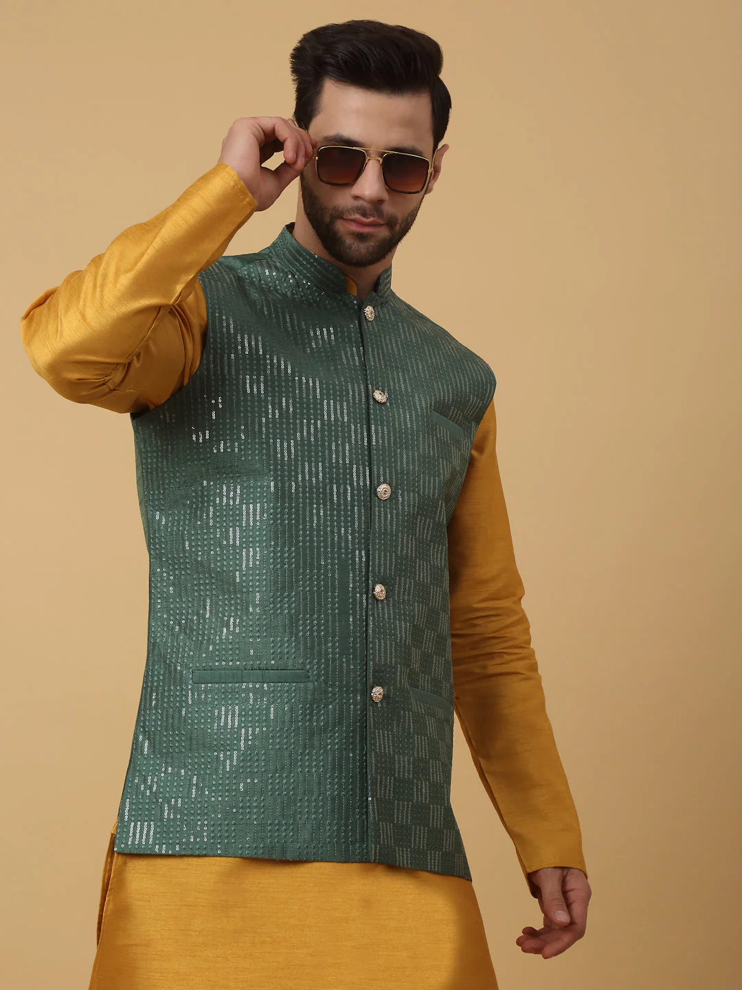 KRAFT INDIA Men's Silk Blend Mustard Kurta, Churidar with Cotton Silk Sequenced Embroided Nehru Jacket Set - Image 4