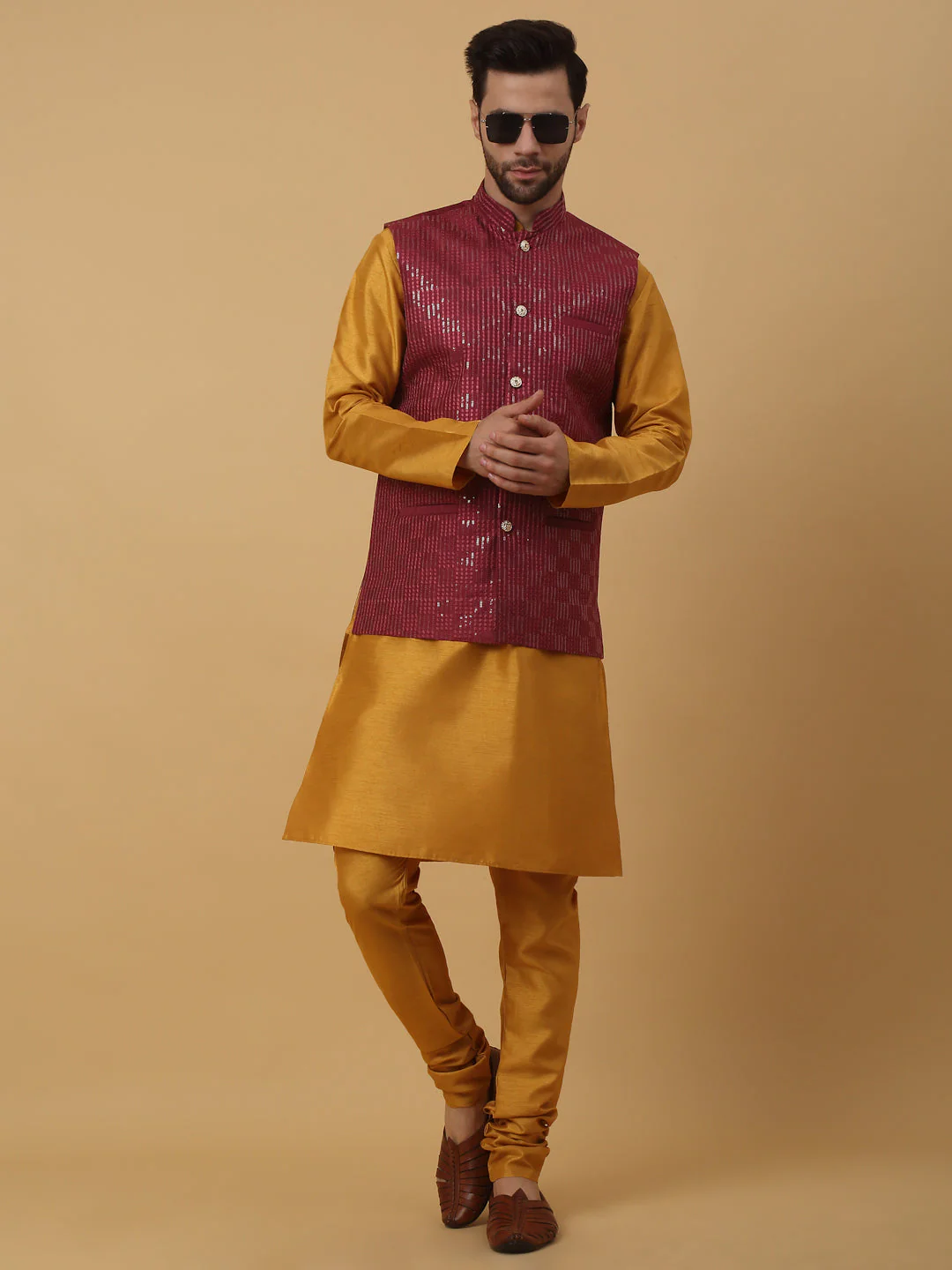 KRAFT INDIA Men's Silk Blend Mustard Kurta, Churidar with Cotton Silk Sequenced Embroided Nehru Jacket Set - Image 5
