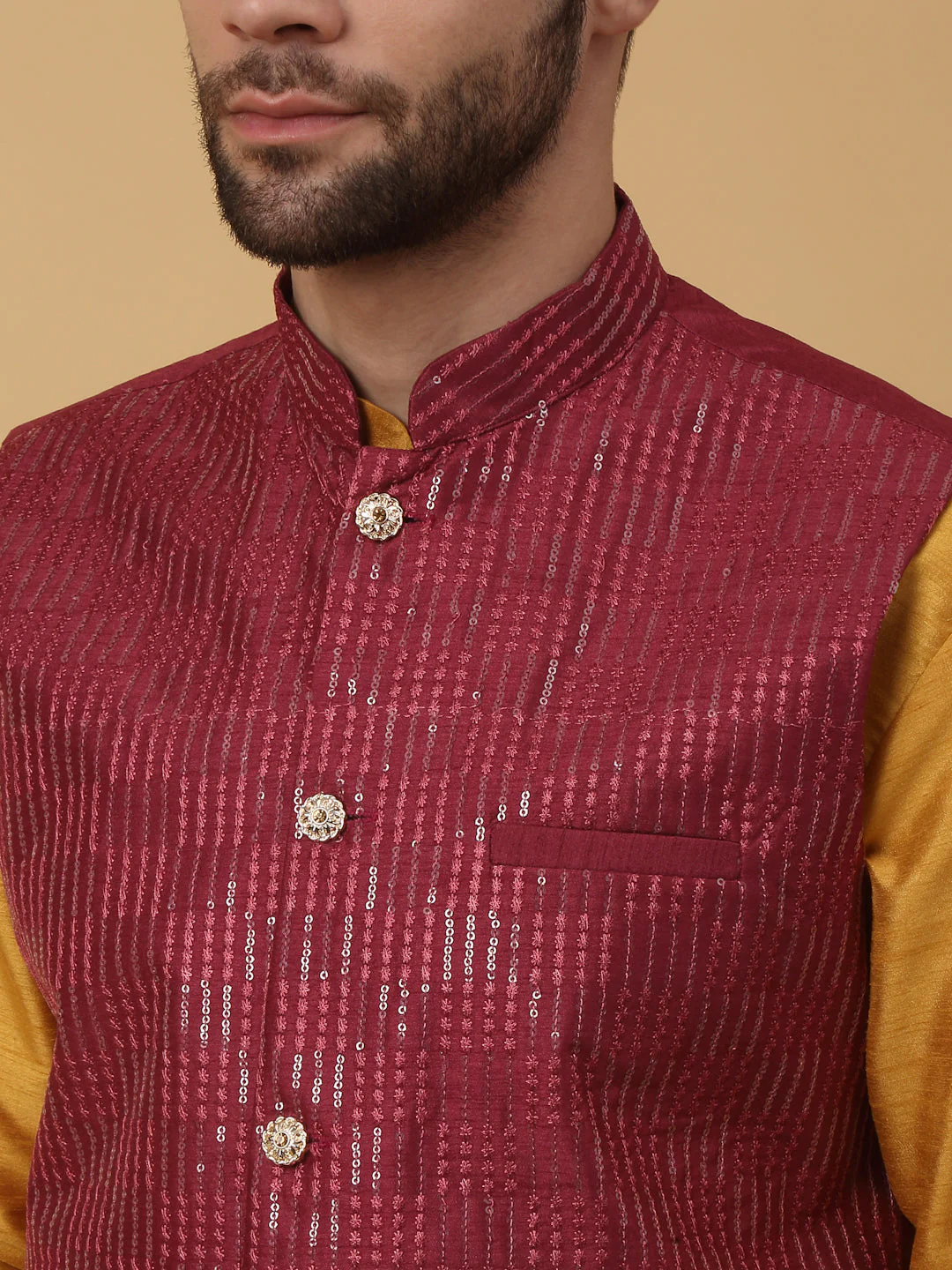 KRAFT INDIA Men's Silk Blend Mustard Kurta, Churidar with Cotton Silk Sequenced Embroided Nehru Jacket Set - Image 7