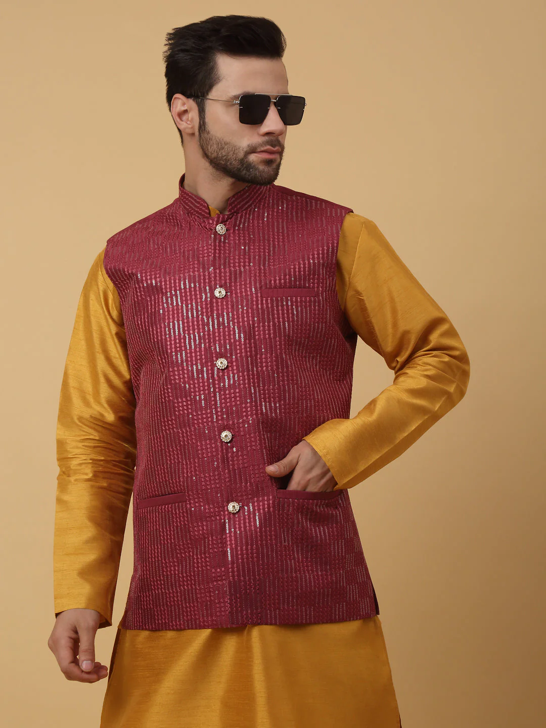KRAFT INDIA Men's Silk Blend Mustard Kurta, Churidar with Cotton Silk Sequenced Embroided Nehru Jacket Set - Image 9