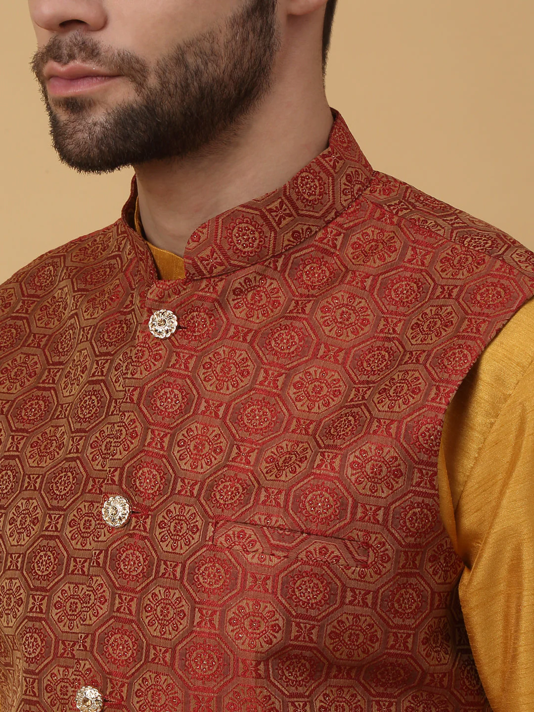 KRAFT INDIA Men's Silk Blend Mustard Kurta, Churidar with Jacquard Bandhani Silk Blend Nehru Jacket Set - Image 13