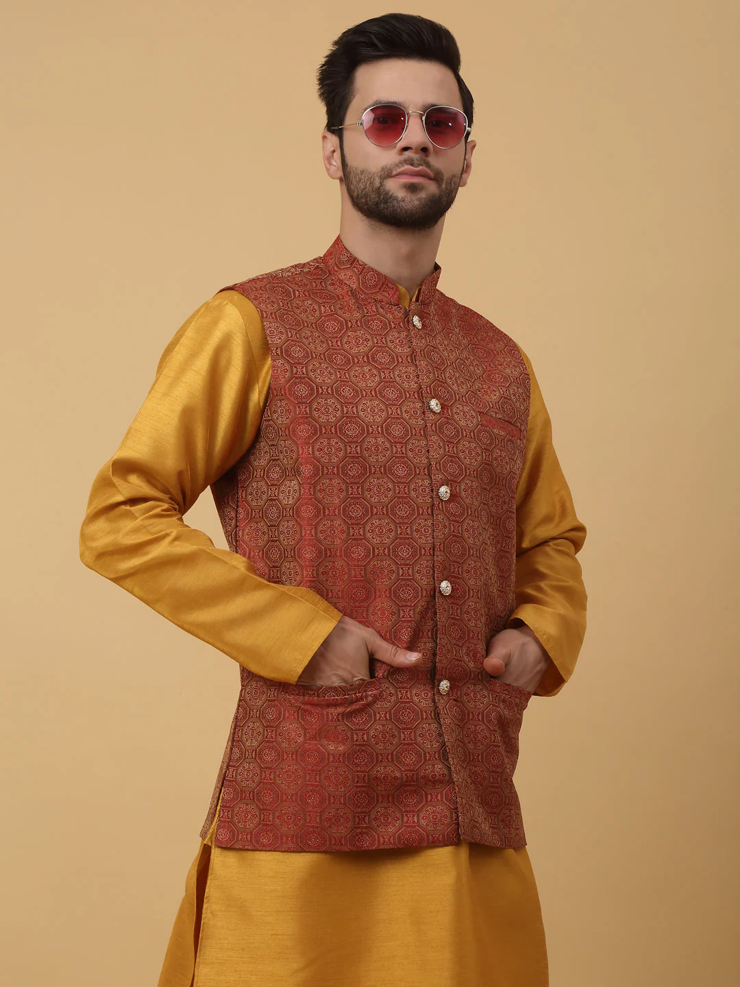 KRAFT INDIA Men's Silk Blend Mustard Kurta, Churidar with Jacquard Bandhani Silk Blend Nehru Jacket Set - Image 15