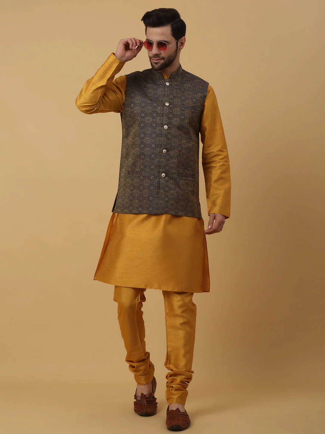 KRAFT INDIA Men's Silk Blend Mustard Kurta, Churidar with Jacquard Bandhani Silk Blend Nehru Jacket Set - Image 16