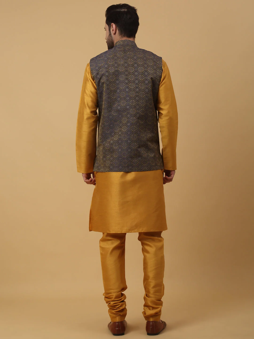 KRAFT INDIA Men's Silk Blend Mustard Kurta, Churidar with Jacquard Bandhani Silk Blend Nehru Jacket Set - Image 2