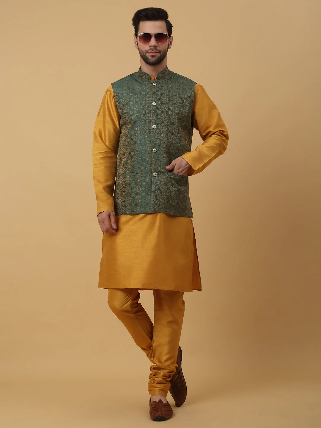 KRAFT INDIA Men's Silk Blend Mustard Kurta, Churidar with Jacquard Bandhani Silk Blend Nehru Jacket Set - Image 21
