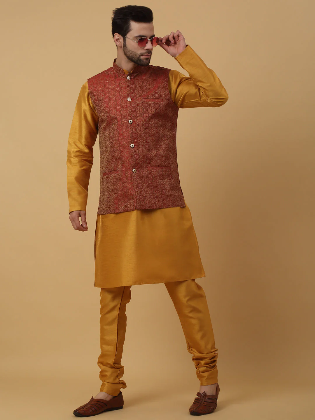 KRAFT INDIA Men's Silk Blend Mustard Kurta, Churidar with Jacquard Bandhani Silk Blend Nehru Jacket Set - Image 27