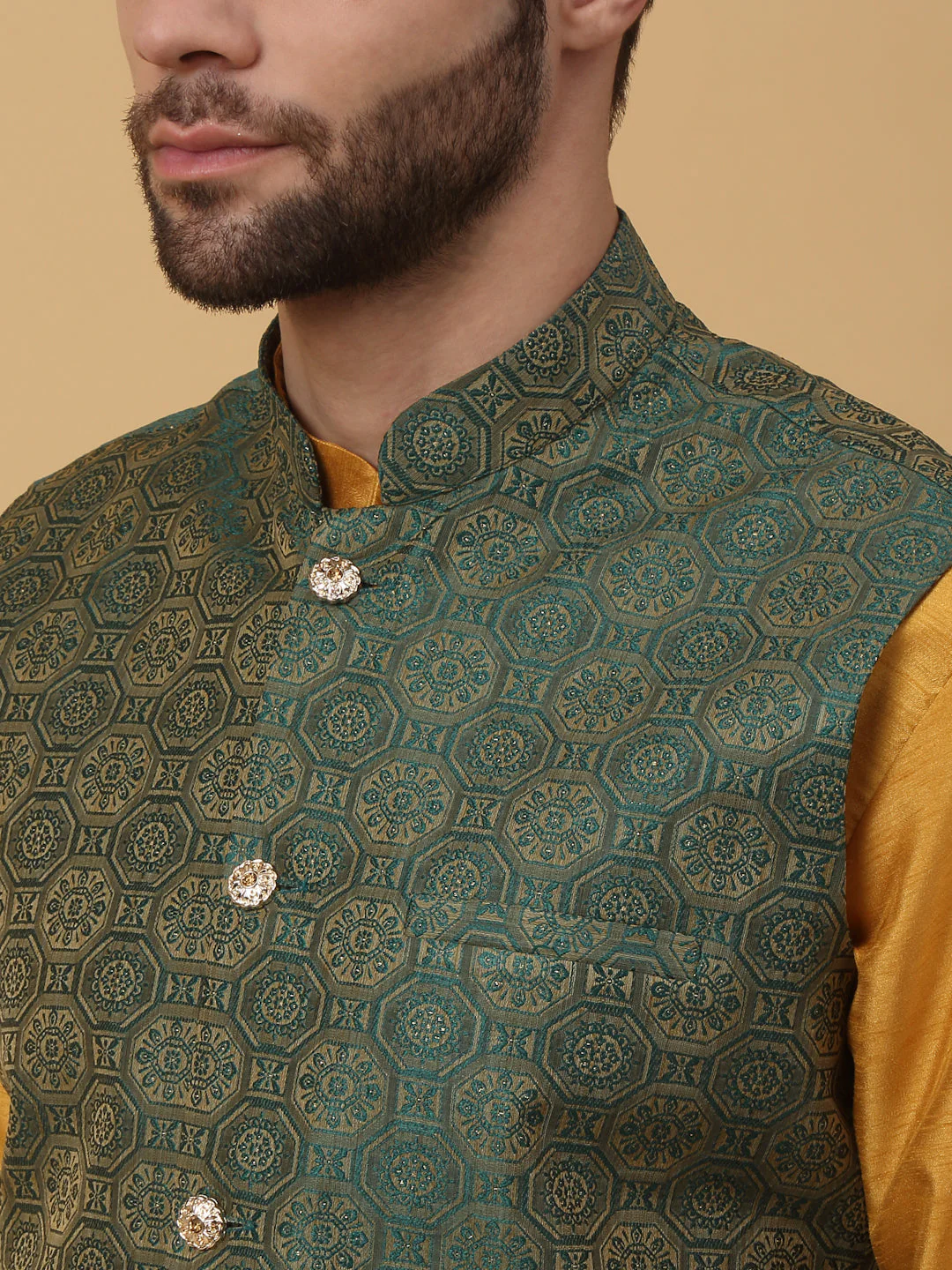 KRAFT INDIA Men's Silk Blend Mustard Kurta, Churidar with Jacquard Bandhani Silk Blend Nehru Jacket Set - Image 8