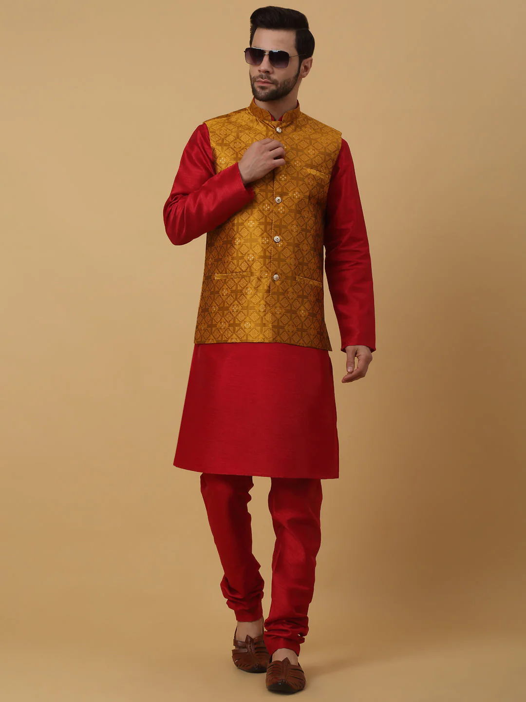 KRAFT INDIA Men's Silk Blend Mustard Kurta, Churidar with Jacquard Silk Blend Floral Nehru Jacket Set - Image 11