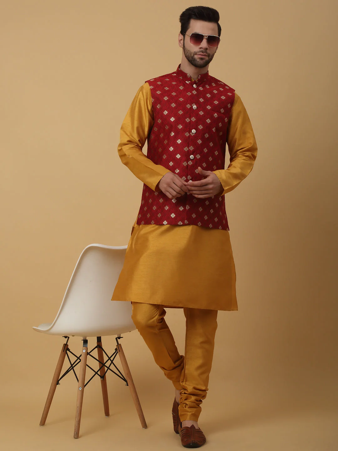 KRAFT INDIA Men's Silk Blend Mustard Kurta, Churidar with Jacquard Silk Blend Floral Print Nehru Jacket Set - Image 5