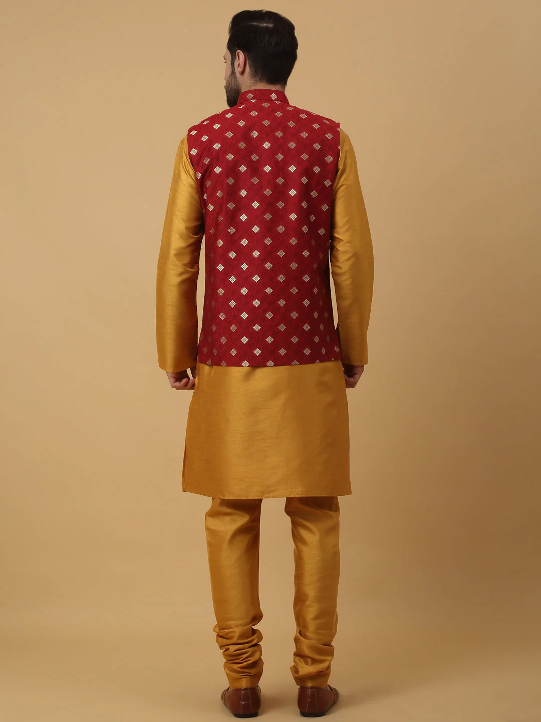 KRAFT INDIA Men's Silk Blend Mustard Kurta, Churidar with Jacquard Silk Blend Floral Print Nehru Jacket Set - Image 6