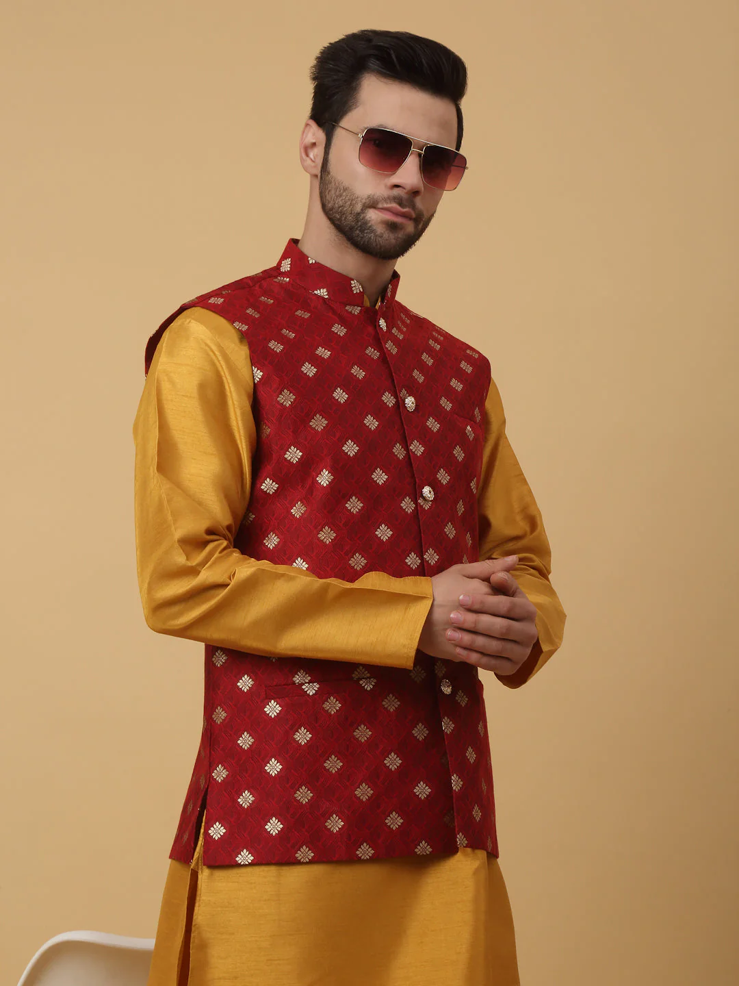KRAFT INDIA Men's Silk Blend Mustard Kurta, Churidar with Jacquard Silk Blend Floral Print Nehru Jacket Set - Image 8