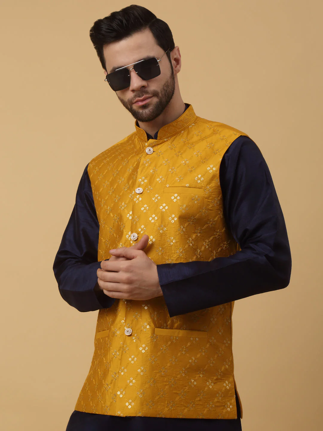 KRAFT INDIA Men's Silk Blend Navy Blue Kurta, Churidar with Cotton Silk Embroided Sequenced Nehru Jacket Set - Image 10
