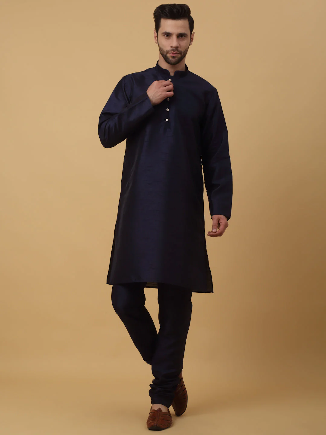 KRAFT INDIA Men's Silk Blend Navy Blue Kurta, Churidar with Cotton Silk Embroided Sequenced Nehru Jacket Set - Image 14
