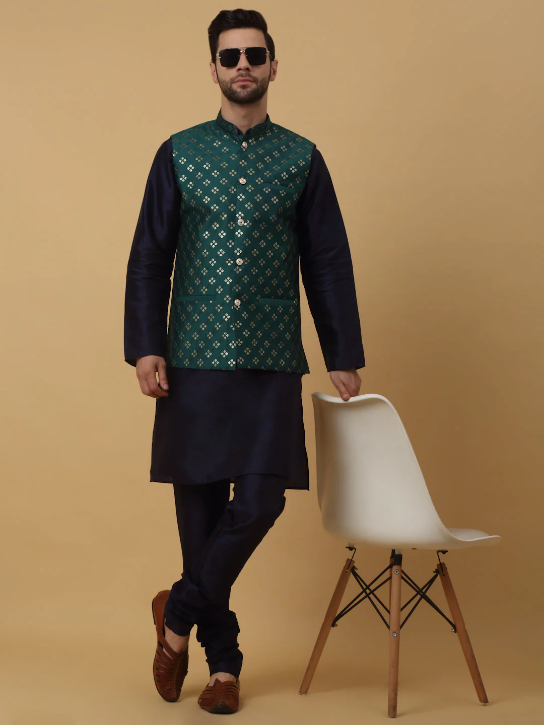 KRAFT INDIA Men's Silk Blend Navy Blue Kurta, Churidar with Cotton Silk Embroided Sequenced Nehru Jacket Set - Image 29