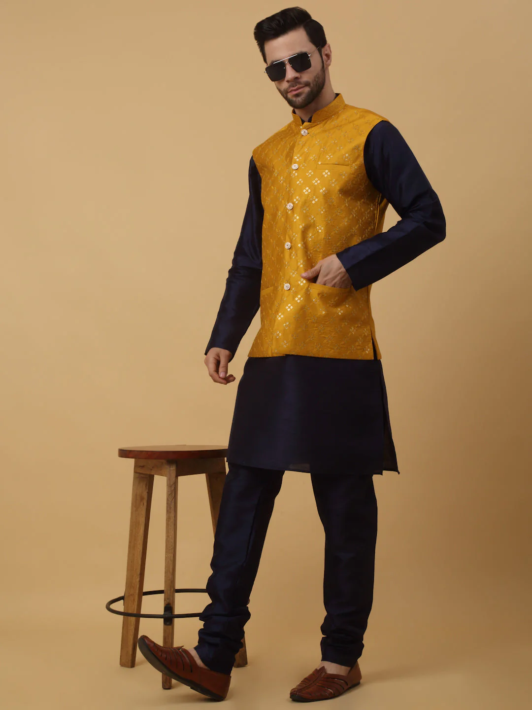 KRAFT INDIA Men's Silk Blend Navy Blue Kurta, Churidar with Cotton Silk Embroided Sequenced Nehru Jacket Set - Image 35