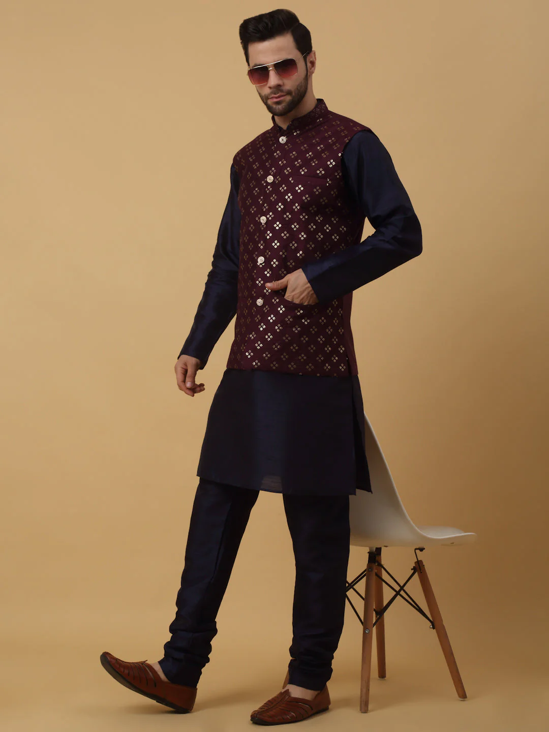 KRAFT INDIA Men's Silk Blend Navy Blue Kurta, Churidar with Cotton Silk Embroided Sequenced Nehru Jacket Set - Image 39