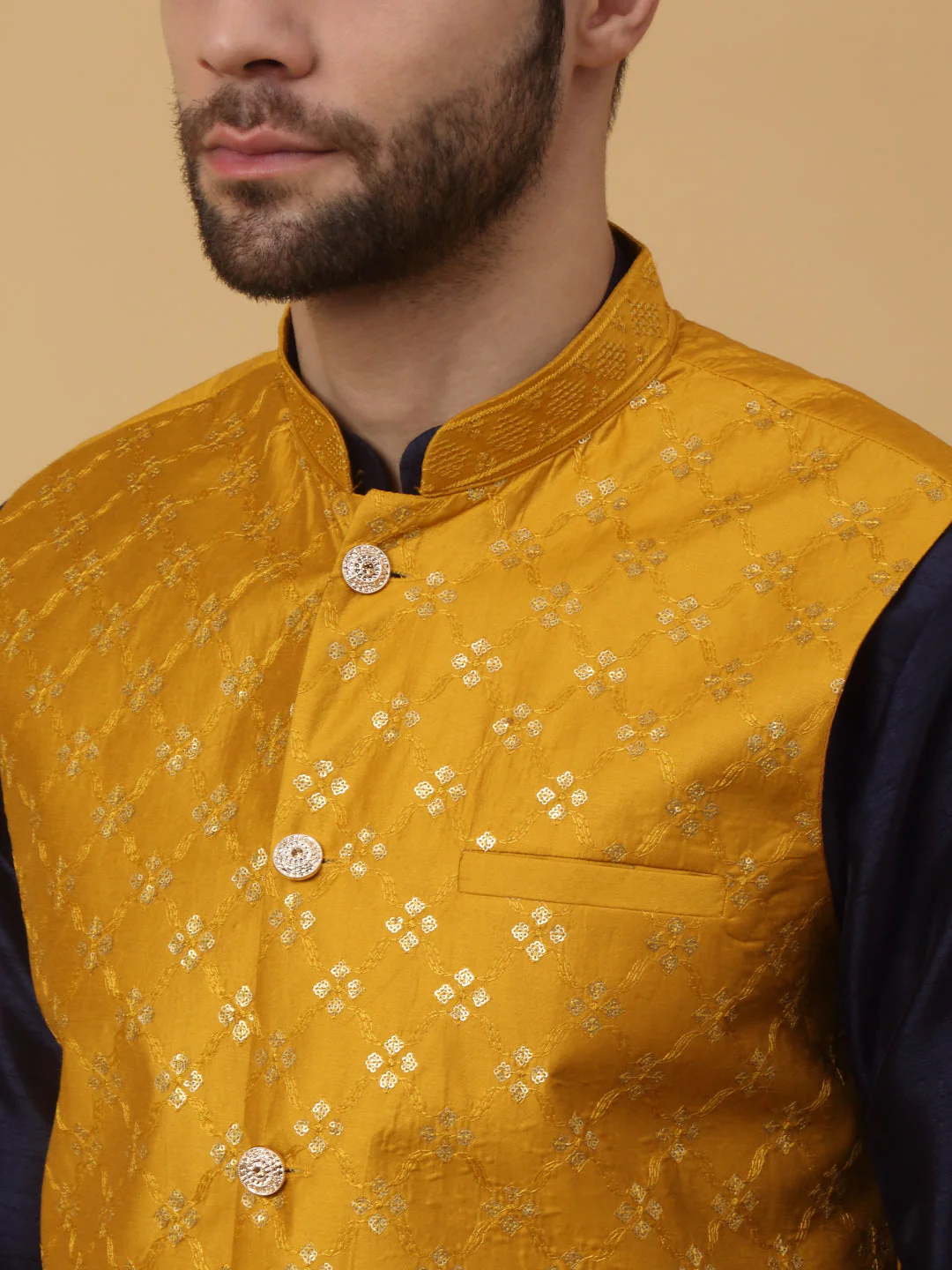 KRAFT INDIA Men's Silk Blend Navy Blue Kurta, Churidar with Cotton Silk Embroided Sequenced Nehru Jacket Set - Image 8