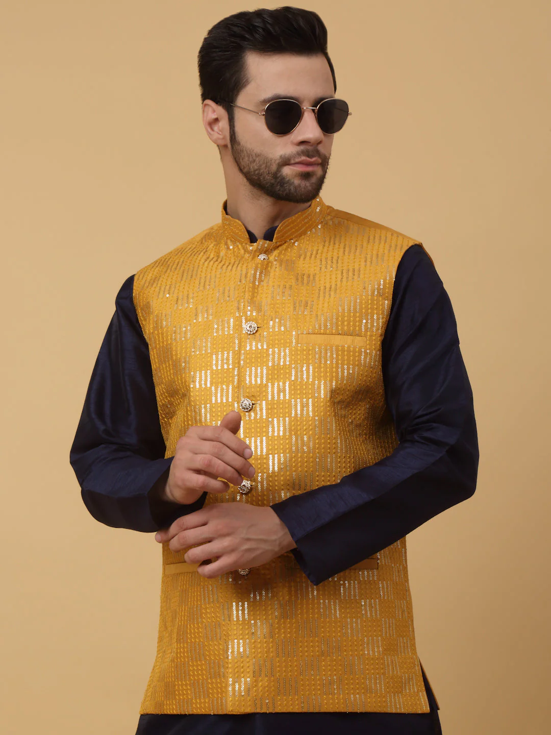 KRAFT INDIA Men's Silk Blend Navy Blue Kurta, Churidar With Cotton Silk Sequenced Embroided Nehru Jacket set - Image 10