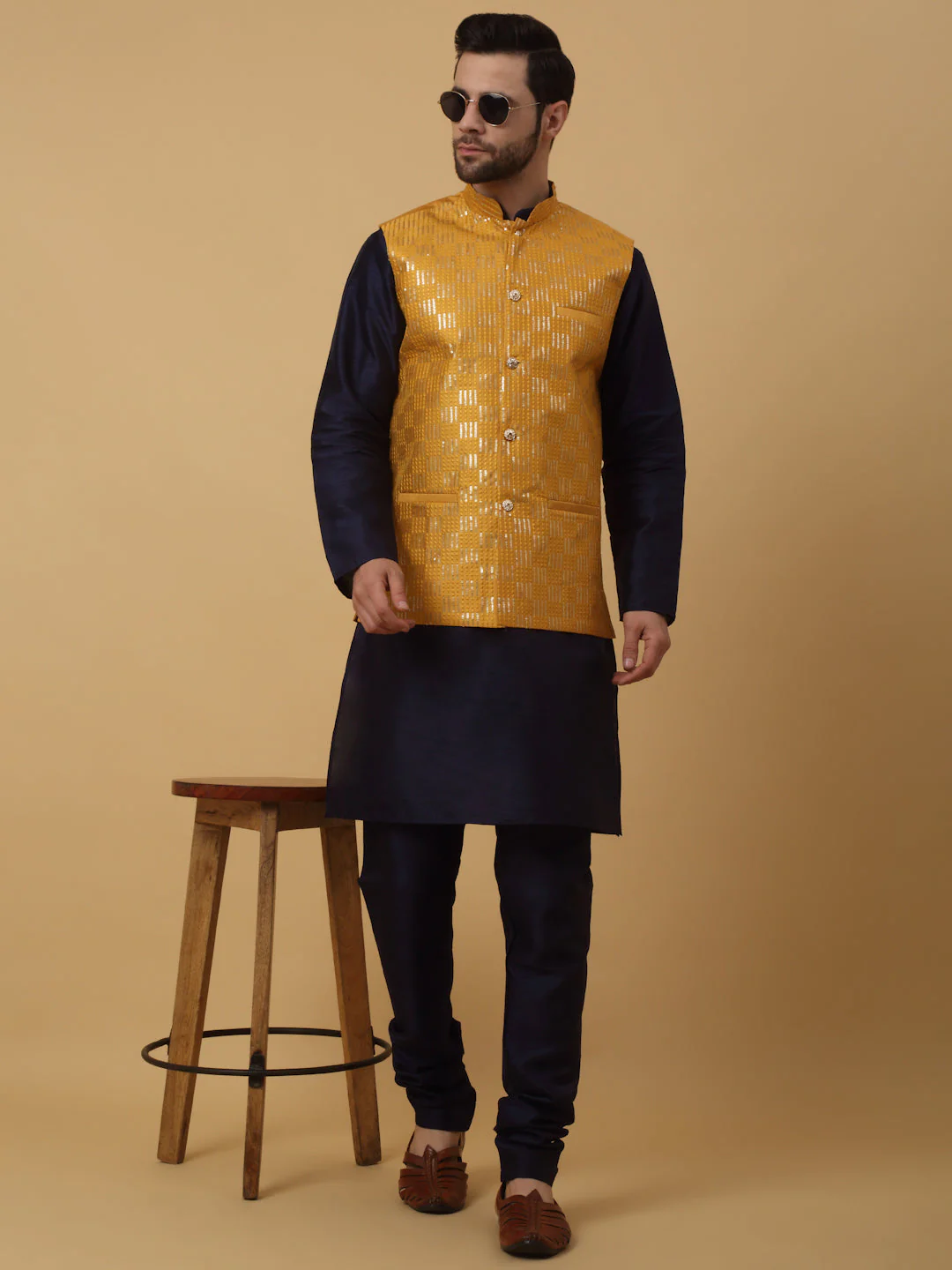 KRAFT INDIA Men's Silk Blend Navy Blue Kurta, Churidar With Cotton Silk Sequenced Embroided Nehru Jacket set - Image 6