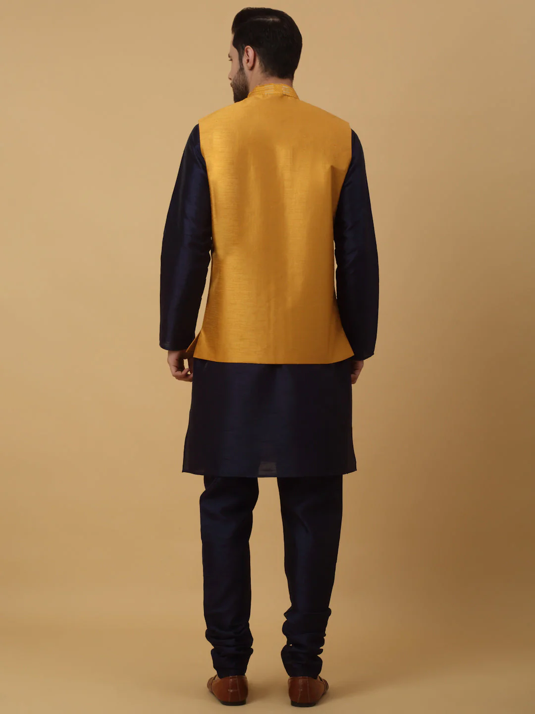 KRAFT INDIA Men's Silk Blend Navy Blue Kurta, Churidar With Cotton Silk Sequenced Embroided Nehru Jacket set - Image 7