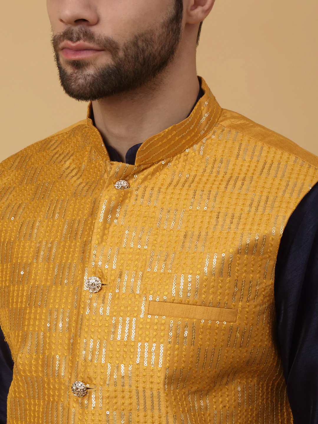KRAFT INDIA Men's Silk Blend Navy Blue Kurta, Churidar With Cotton Silk Sequenced Embroided Nehru Jacket set - Image 8