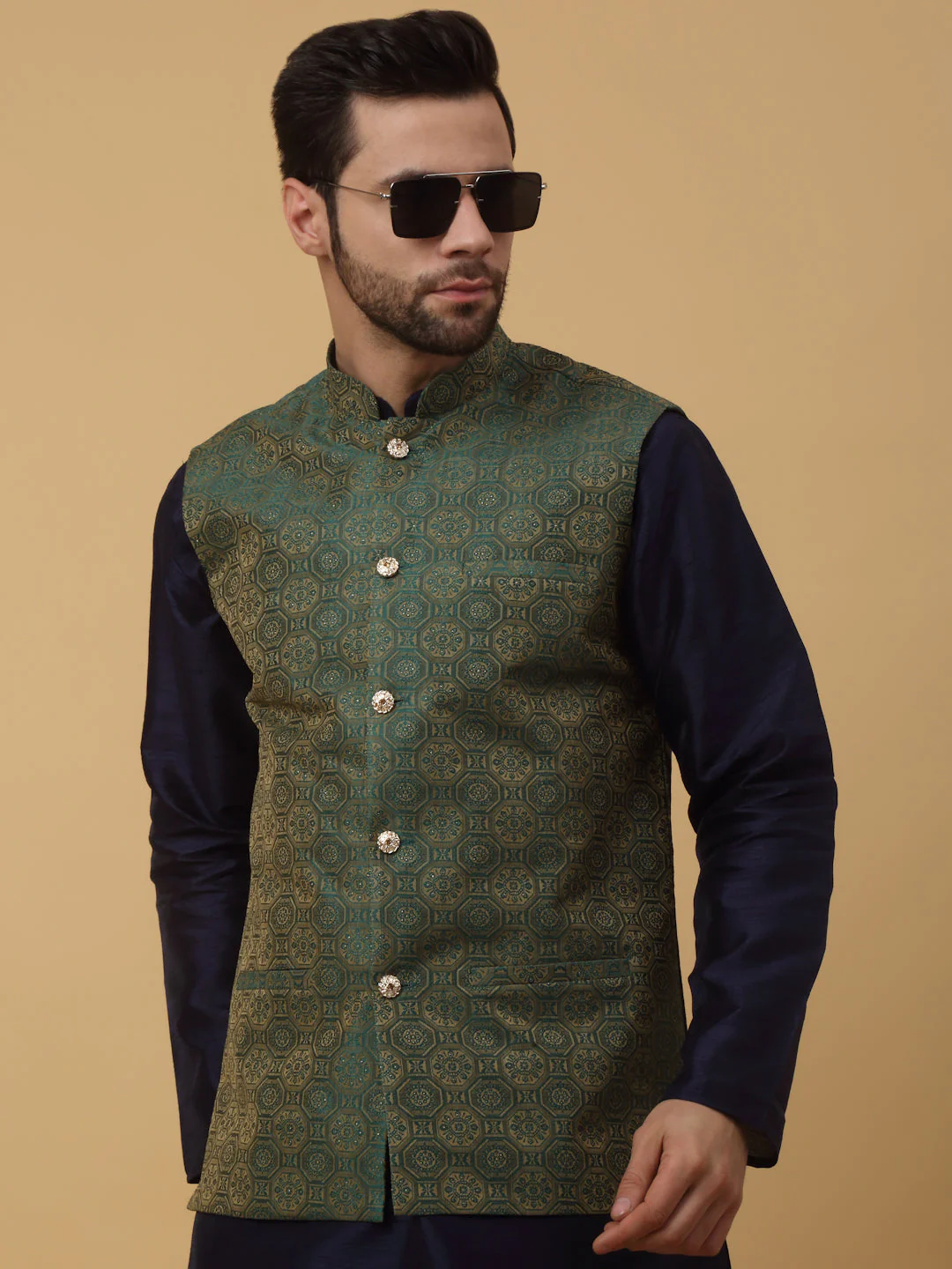 KRAFT INDIA Men's Silk Blend Navy Blue Kurta, Churidar with Jacquard Bandhani Silk Blend Nehru Jacket Set - Image 10
