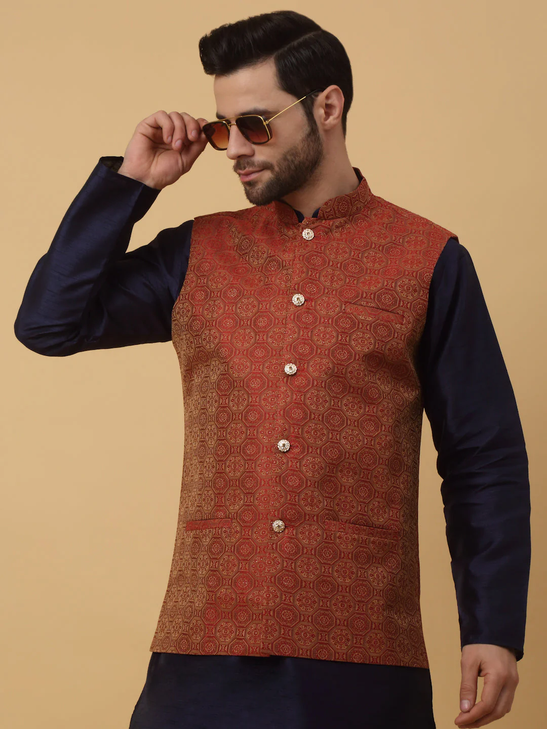 KRAFT INDIA Men's Silk Blend Navy Blue Kurta, Churidar with Jacquard Bandhani Silk Blend Nehru Jacket Set - Image 15