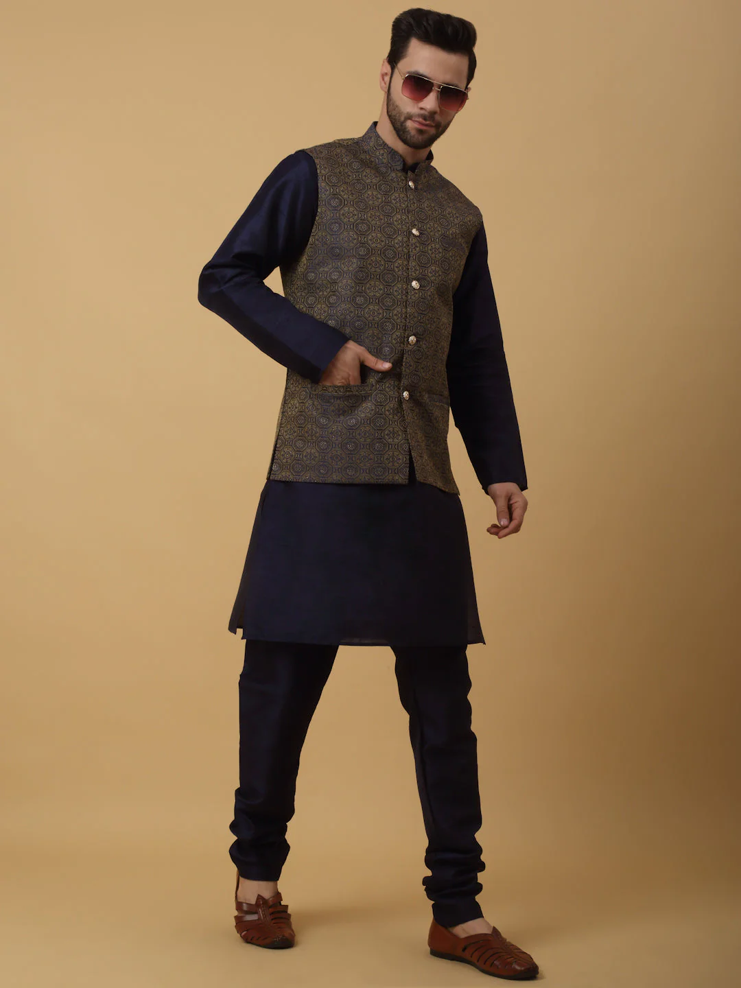KRAFT INDIA Men's Silk Blend Navy Blue Kurta, Churidar with Jacquard Bandhani Silk Blend Nehru Jacket Set - Image 16