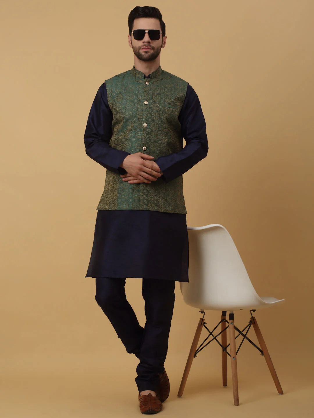 KRAFT INDIA Men's Silk Blend Navy Blue Kurta, Churidar with Jacquard Bandhani Silk Blend Nehru Jacket Set - Image 43