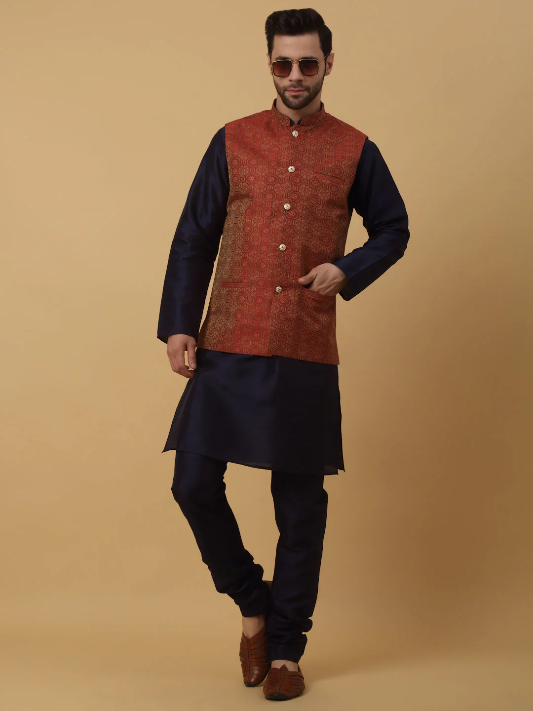 KRAFT INDIA Men's Silk Blend Navy Blue Kurta, Churidar with Jacquard Bandhani Silk Blend Nehru Jacket Set - Image 49