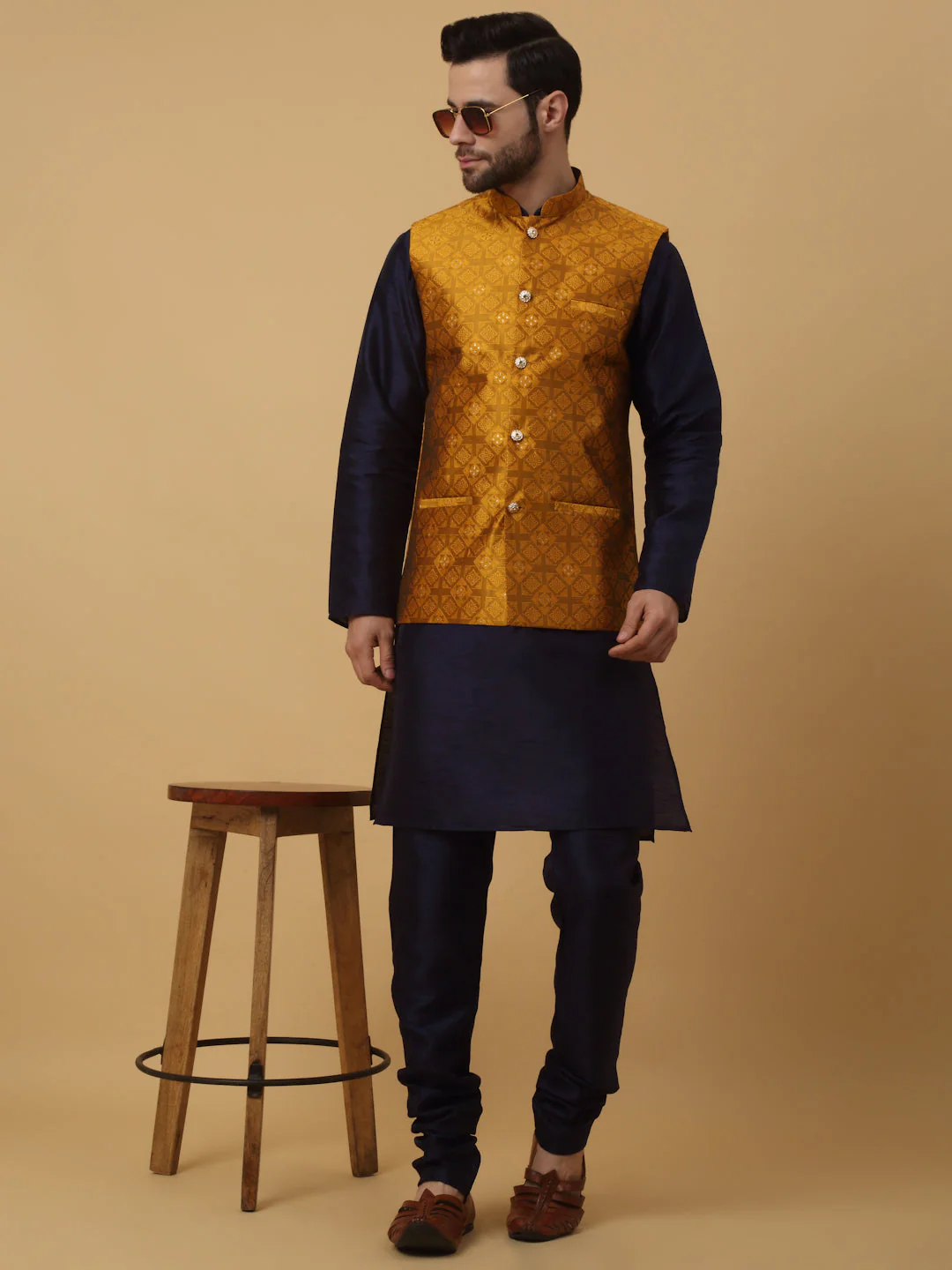 KRAFT INDIA Men's Silk Blend Navy Blue Kurta, Churidar with Jacquard Silk Blend Floral Nehru Jacket Set - Image 105