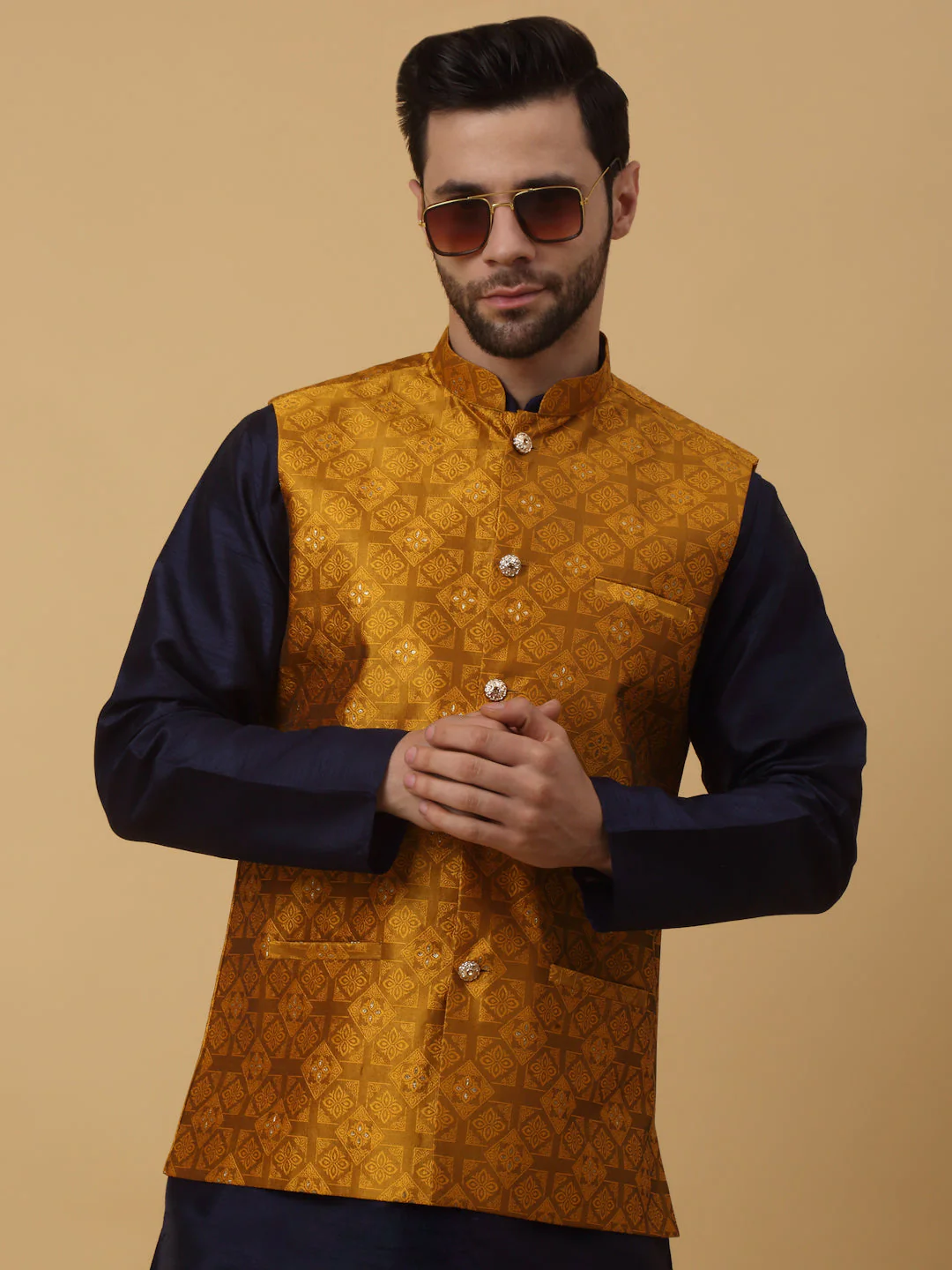 KRAFT INDIA Men's Silk Blend Navy Blue Kurta, Churidar with Jacquard Silk Blend Floral Nehru Jacket Set - Image 5