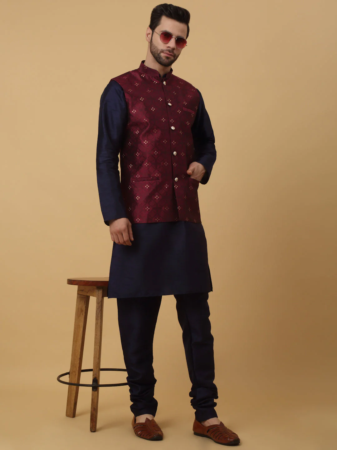 KRAFT INDIA Men's Silk Blend Navy Blue Kurta, Churidar with Jacquard Silk Blend Floral Nehru Jacket Set - Image 77