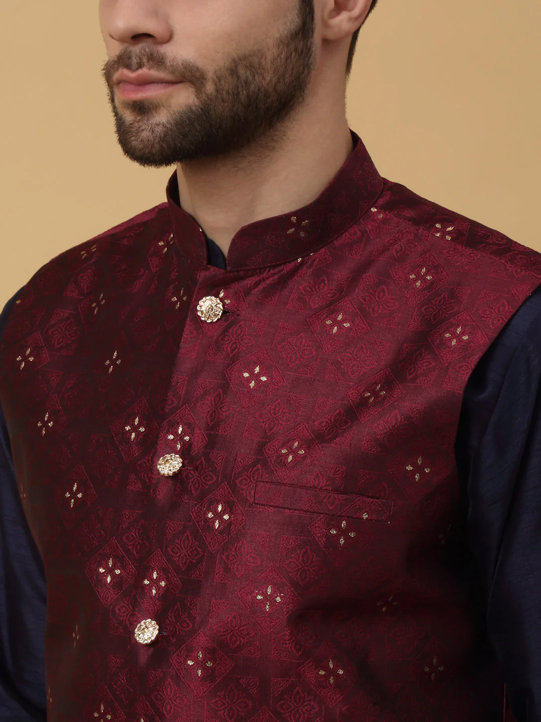 KRAFT INDIA Men's Silk Blend Navy Blue Kurta, Churidar with Jacquard Silk Blend Floral Nehru Jacket Set - Image 8