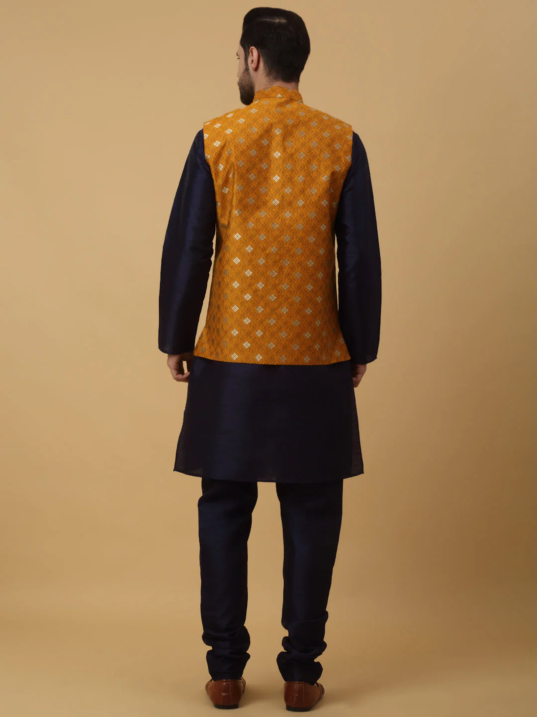 KRAFT INDIA Men's Silk Blend Navy Blue Kurta, Churidar with Jacquard Silk Blend Floral Print Nehru Jacket Set - Image 10