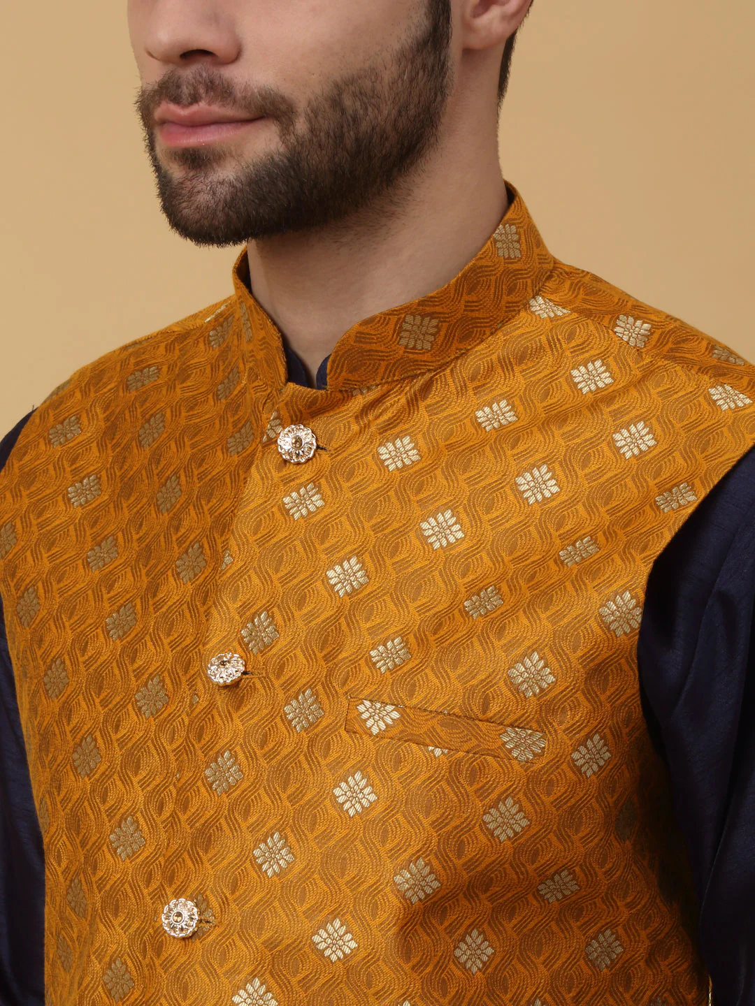 KRAFT INDIA Men's Silk Blend Navy Blue Kurta, Churidar with Jacquard Silk Blend Floral Print Nehru Jacket Set - Image 11