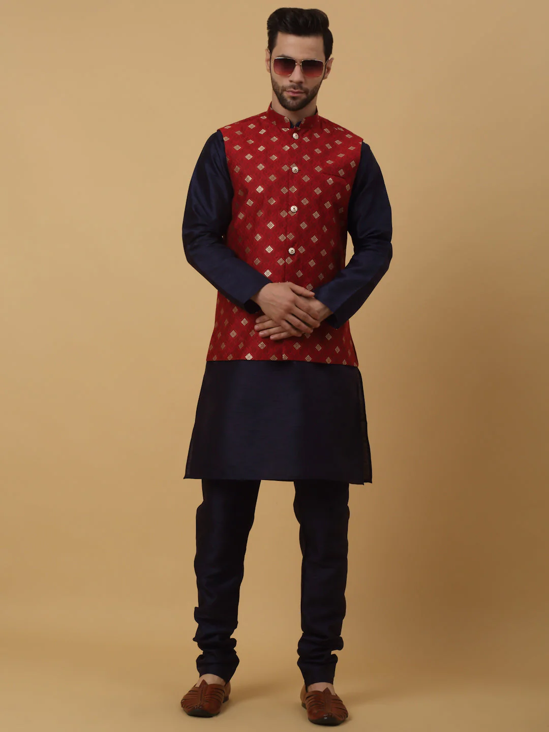 KRAFT INDIA Men's Silk Blend Navy Blue Kurta, Churidar with Jacquard Silk Blend Floral Print Nehru Jacket Set - Image 123