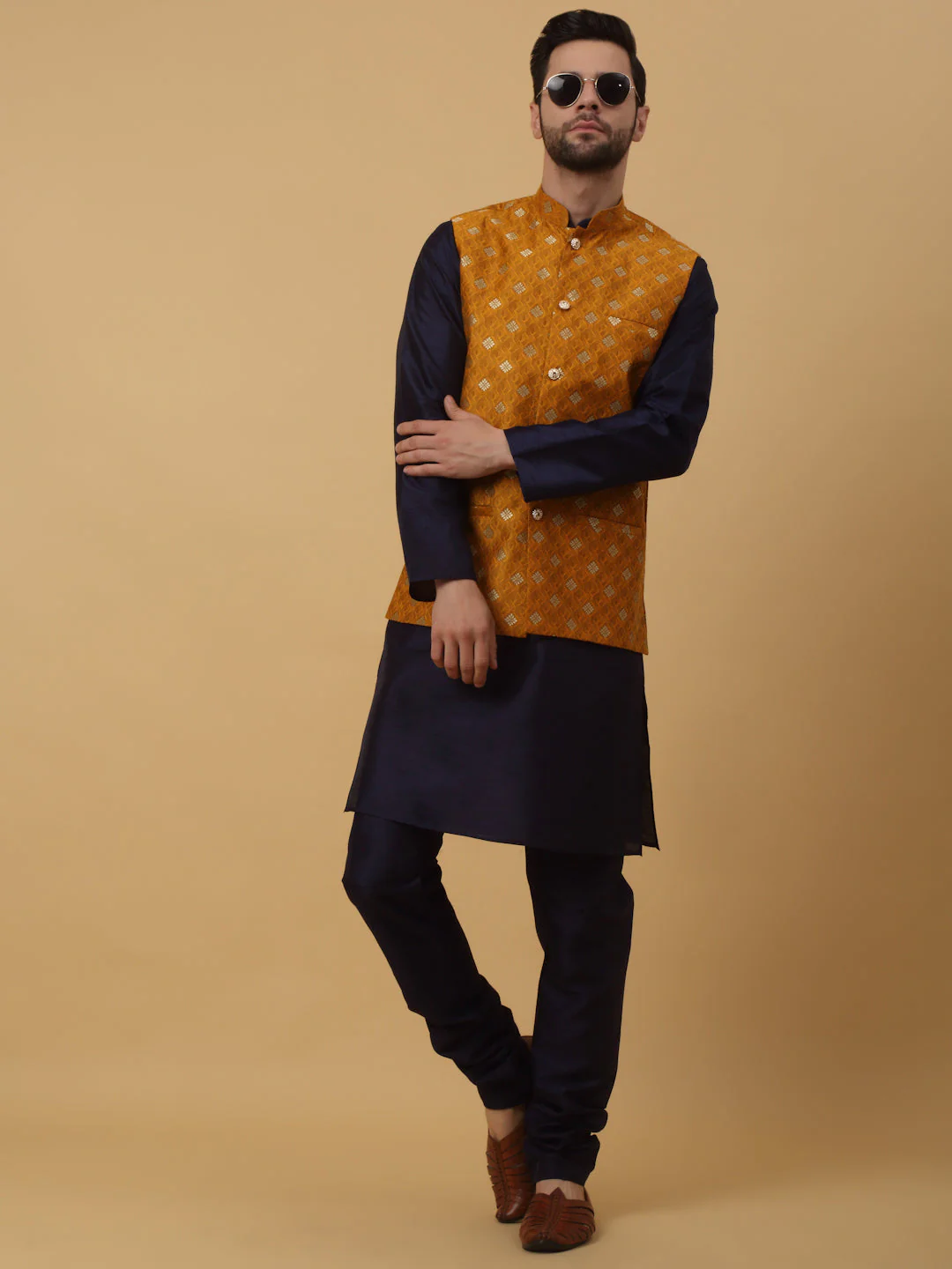 KRAFT INDIA Men's Silk Blend Navy Blue Kurta, Churidar with Jacquard Silk Blend Floral Print Nehru Jacket Set - Image 46