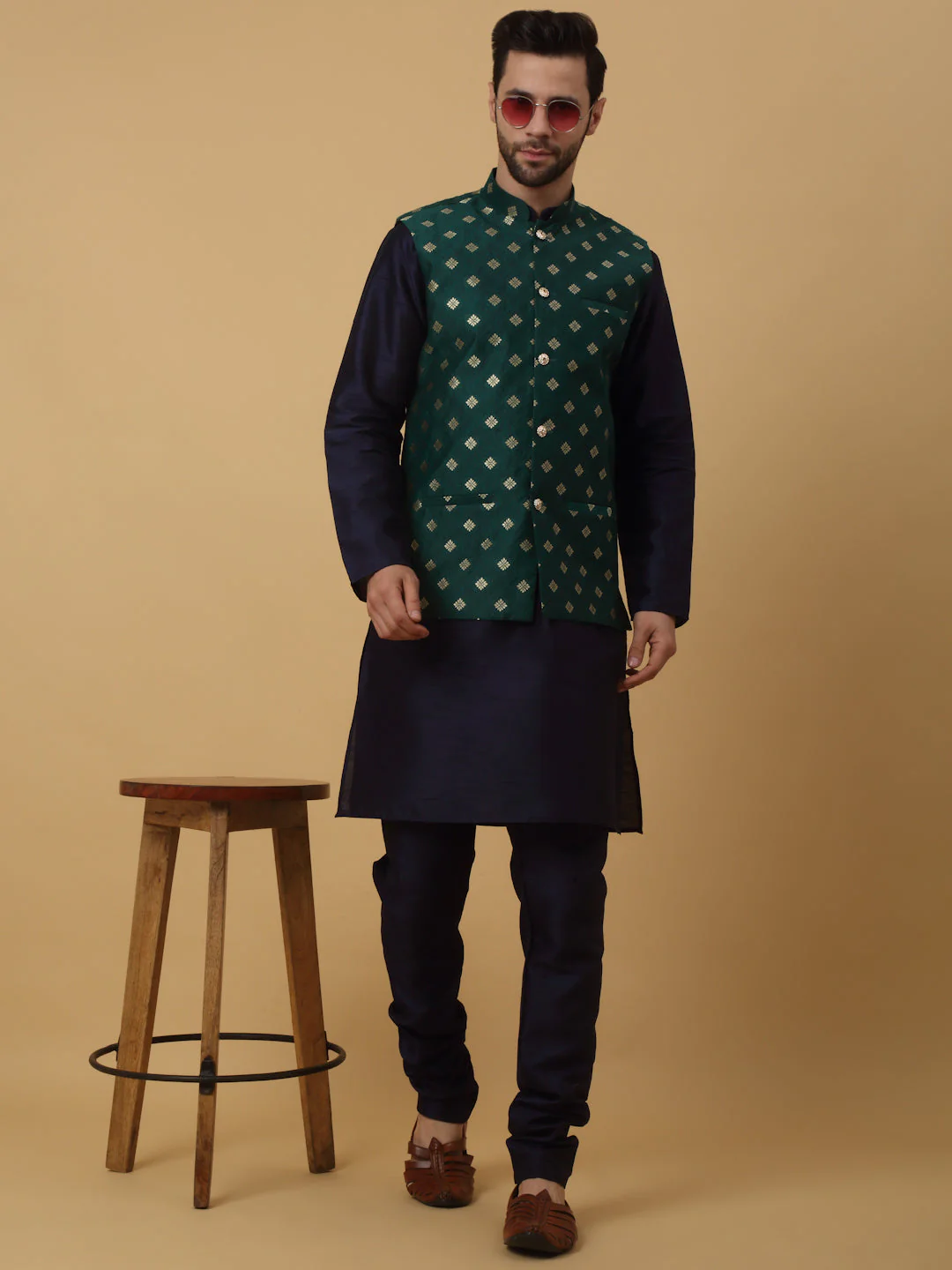 KRAFT INDIA Men's Silk Blend Navy Blue Kurta, Churidar with Jacquard Silk Blend Floral Print Nehru Jacket Set - Image 95