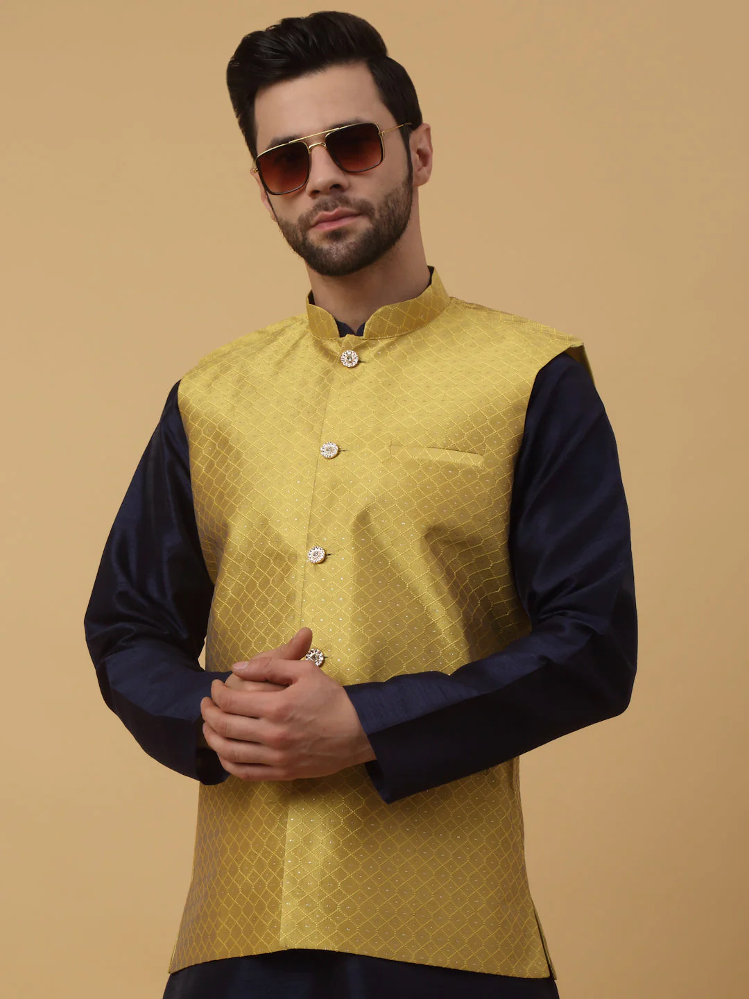 KRAFT INDIA Men's Silk Blend Navy Blue Kurta, Churidar With Silk Blend Geometric Nehru Jacket set - Image 15