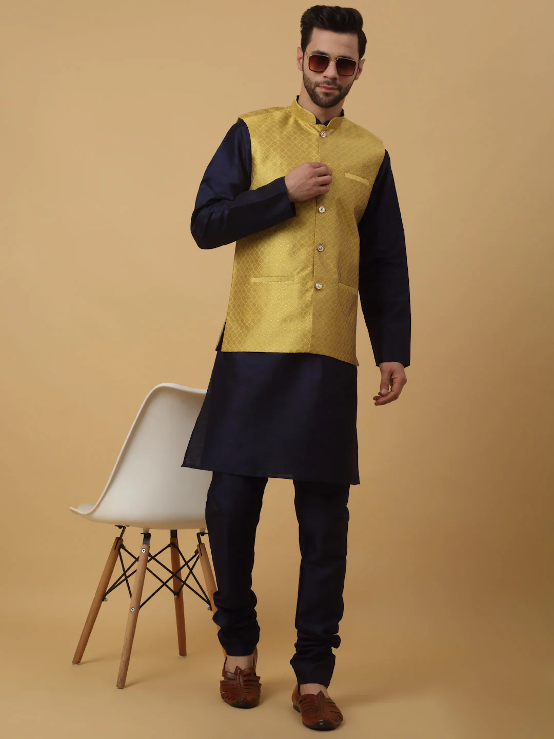 KRAFT INDIA Men's Silk Blend Navy Blue Kurta, Churidar With Silk Blend Geometric Nehru Jacket set - Image 32