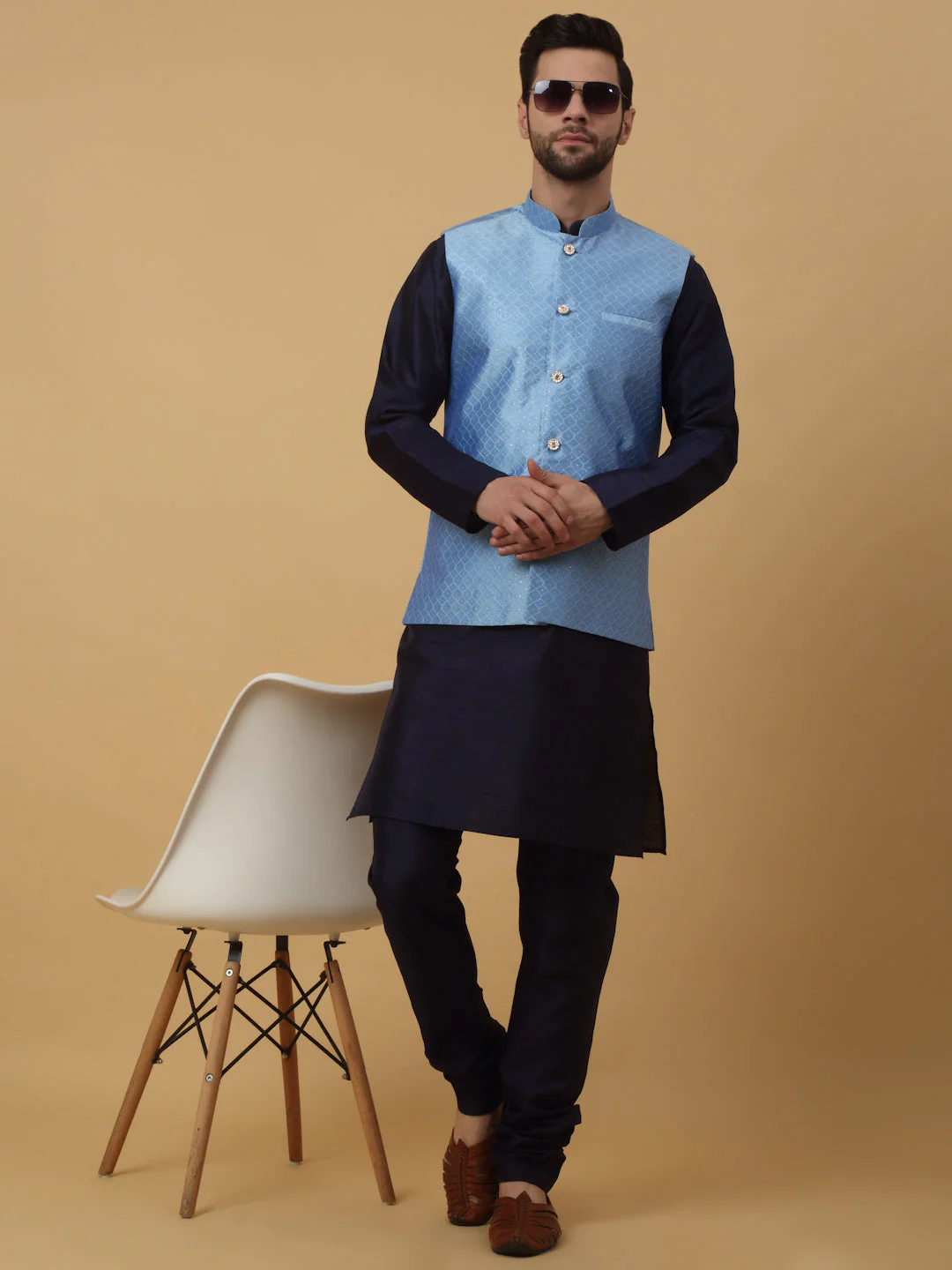KRAFT INDIA Men's Silk Blend Navy Blue Kurta, Churidar With Silk Blend Geometric Nehru Jacket set - Image 40