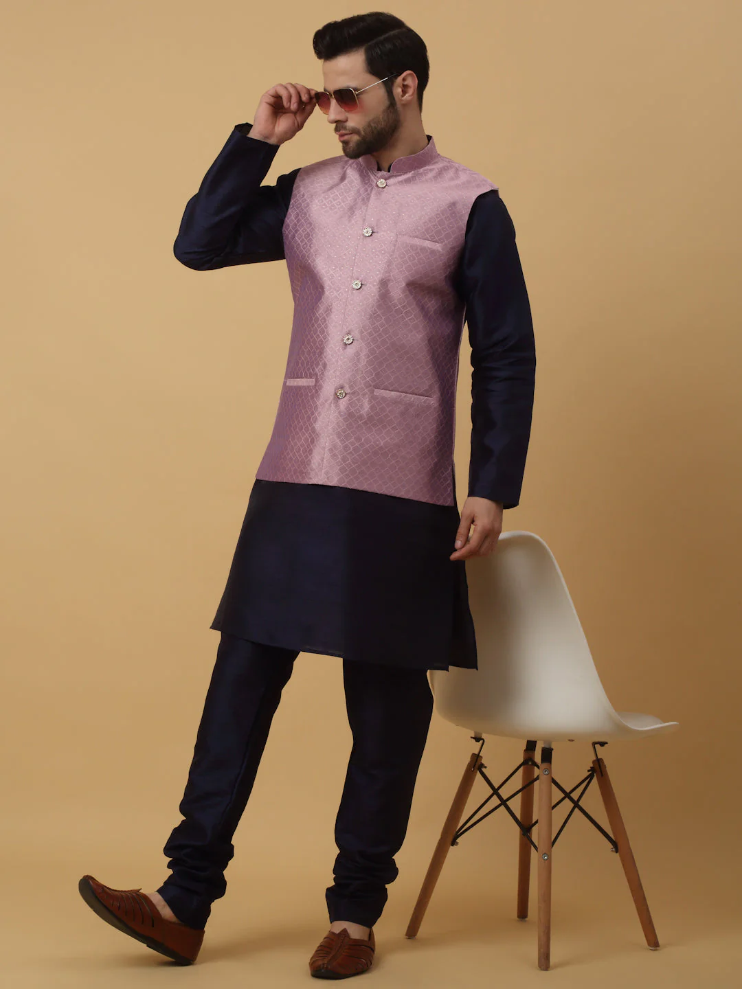 KRAFT INDIA Men's Silk Blend Navy Blue Kurta, Churidar With Silk Blend Geometric Nehru Jacket set - Image 48
